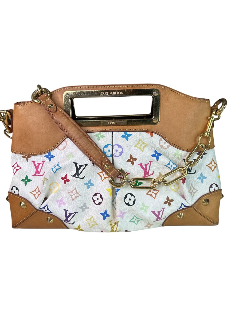 Louis Vuitton White Multicolor Monogram Canvas and Tan Leather Shoulder Bag